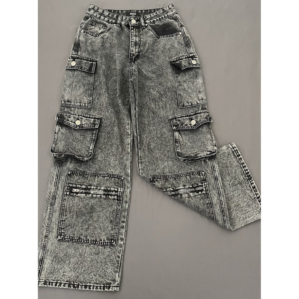 Rise Supply Co Cargo Jeans Womens 9 Black Acid Washed Wide Leg Streetwear Y2K